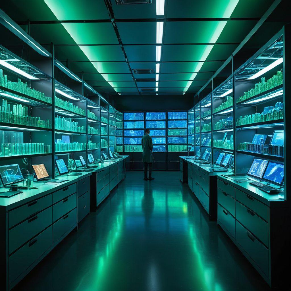 A futuristic lab flooded with bright reflections showing scientists of diverse backgrounds collaborating over holographic displays of DNA sequences and research data. In the background, shelves filled with colorful science journals symbolize the evolving world of research publication. A blend of blue and green glowing lights represents innovation and discovery. The atmosphere should convey excitement and potential. cyberpunk. vibrant colors. 3D.