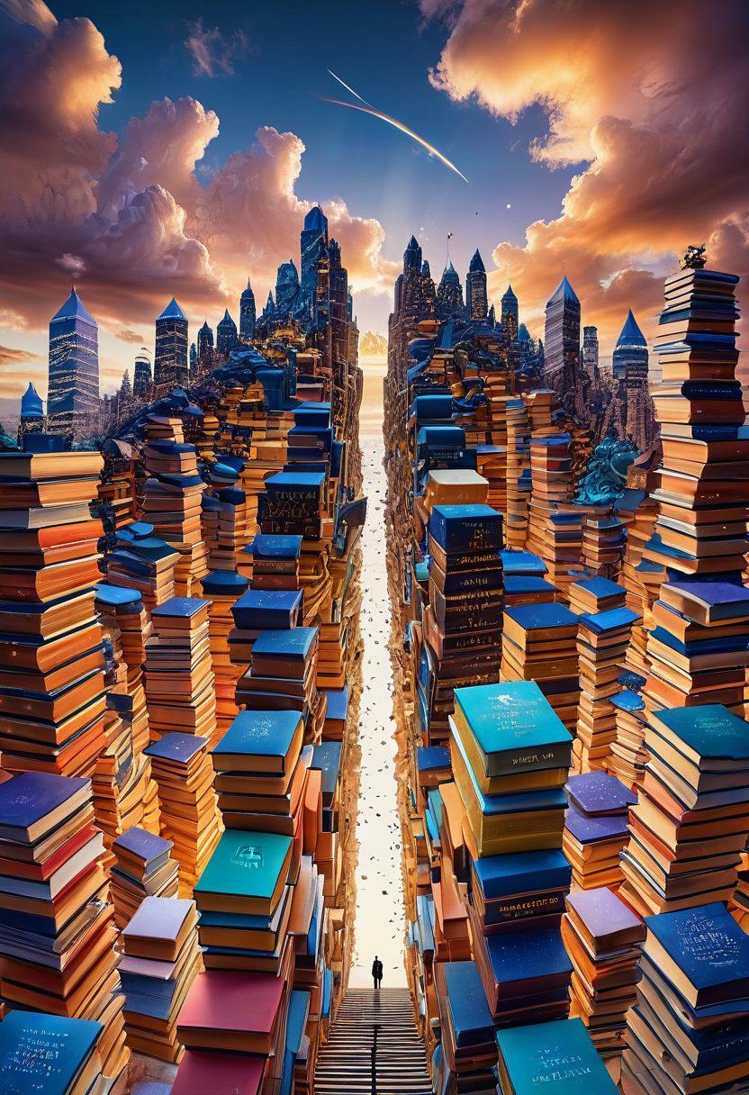 A complex landscape formed by towering stacks of academic books, intertwining pathways of data visualizations, and emerging trends represented by glowing arrows and charts. Scholars and researchers are conversing and collaborating at various points in the landscape. A sky filled with colorful clouds symbolizing diverse ideas and insights. Bright, engaging colors that evoke creativity and curiosity. 3D illustration. vibrant colors. surreal.