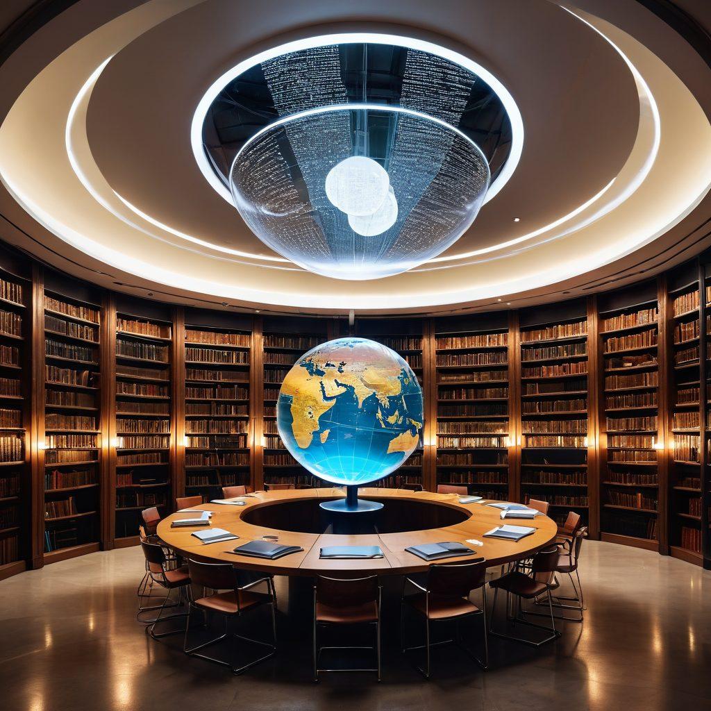 A visually stunning library filled with floating books around a glowing globe, symbolizing open access to knowledge. Scholars engaged in animated discussions at a round table, surrounded by screens displaying dynamic graphs and research articles. Warm lighting to create an inviting atmosphere, blending traditional and modern elements. super-realistic. vibrant colors. white background.